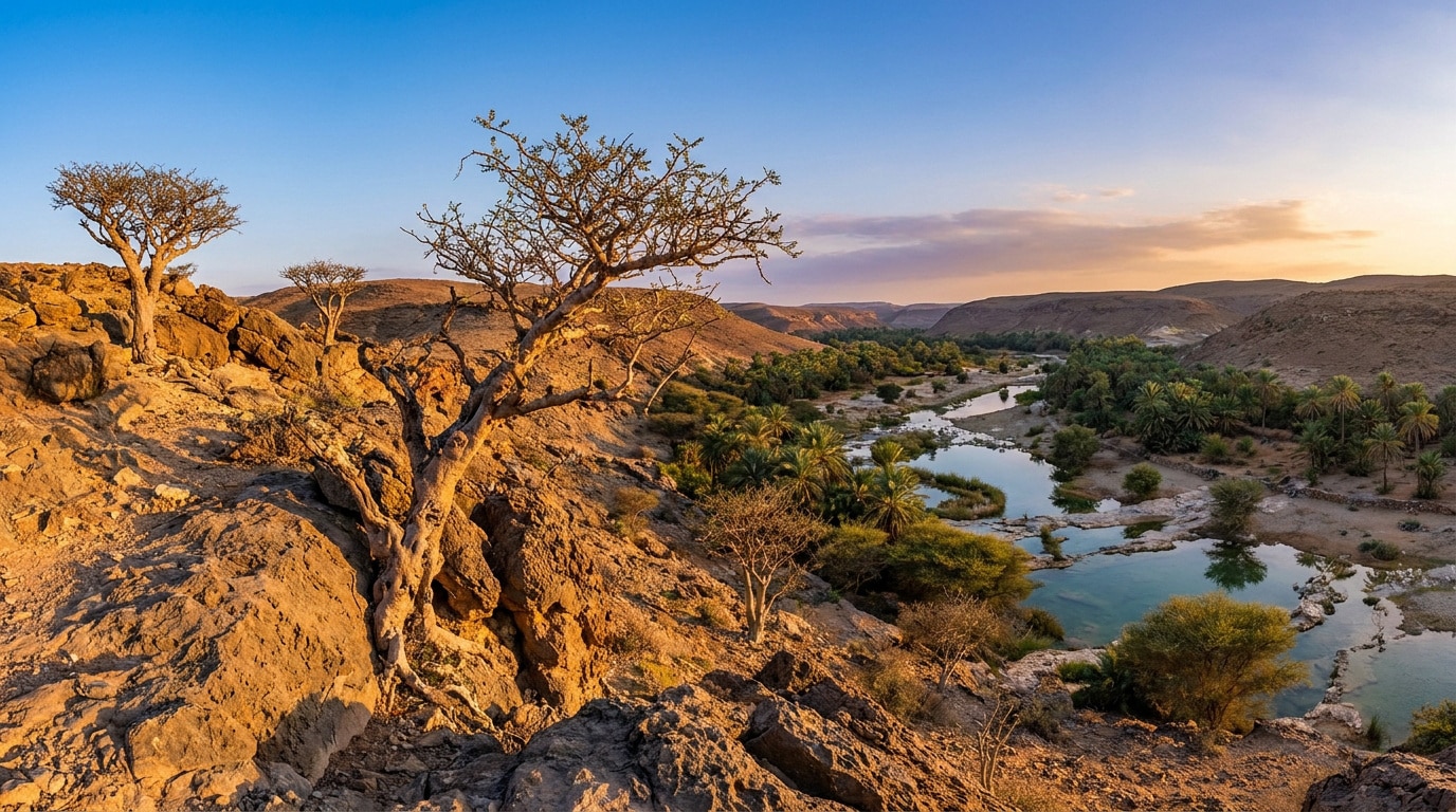 Vue panoramique d'une vallée verdoyante avec des arbres à encens au premier plan sous un ciel de coucher de soleil.