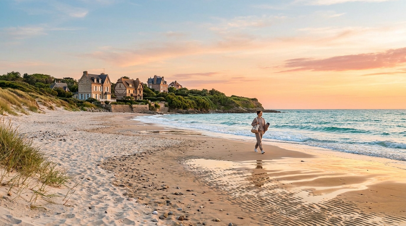 Une femme marche sur une plage au coucher du soleil, avec des villas côtières en arrière-plan.
