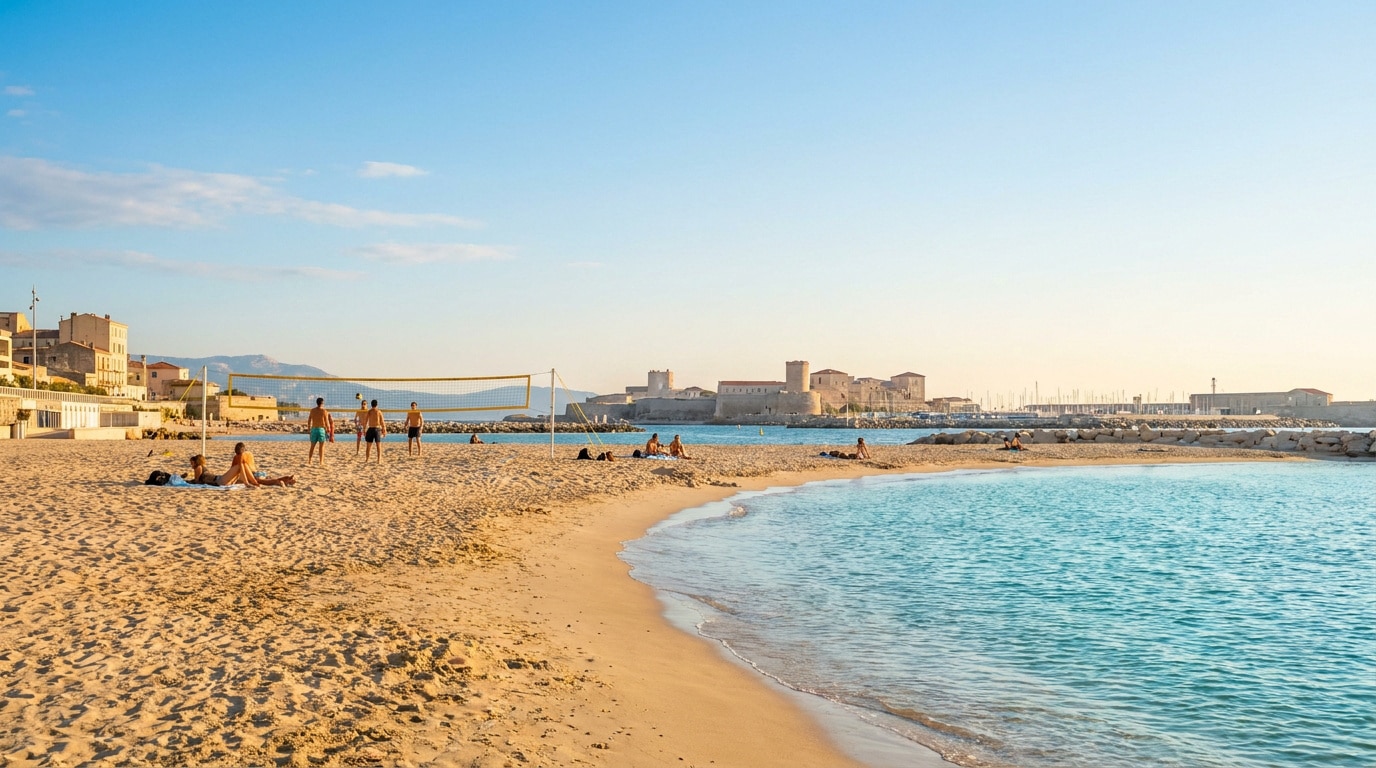 Vue panoramique de la plage des Catalans avec des gens jouant au volley-ball sous un ciel bleu ensoleillé.