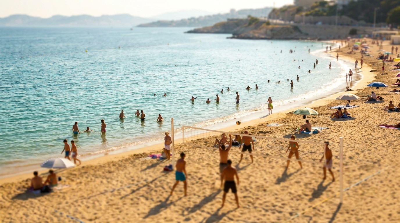 Vue en plongée de la plage du Prophète à Marseille avec des gens qui se baignent et jouent au beach-volley.