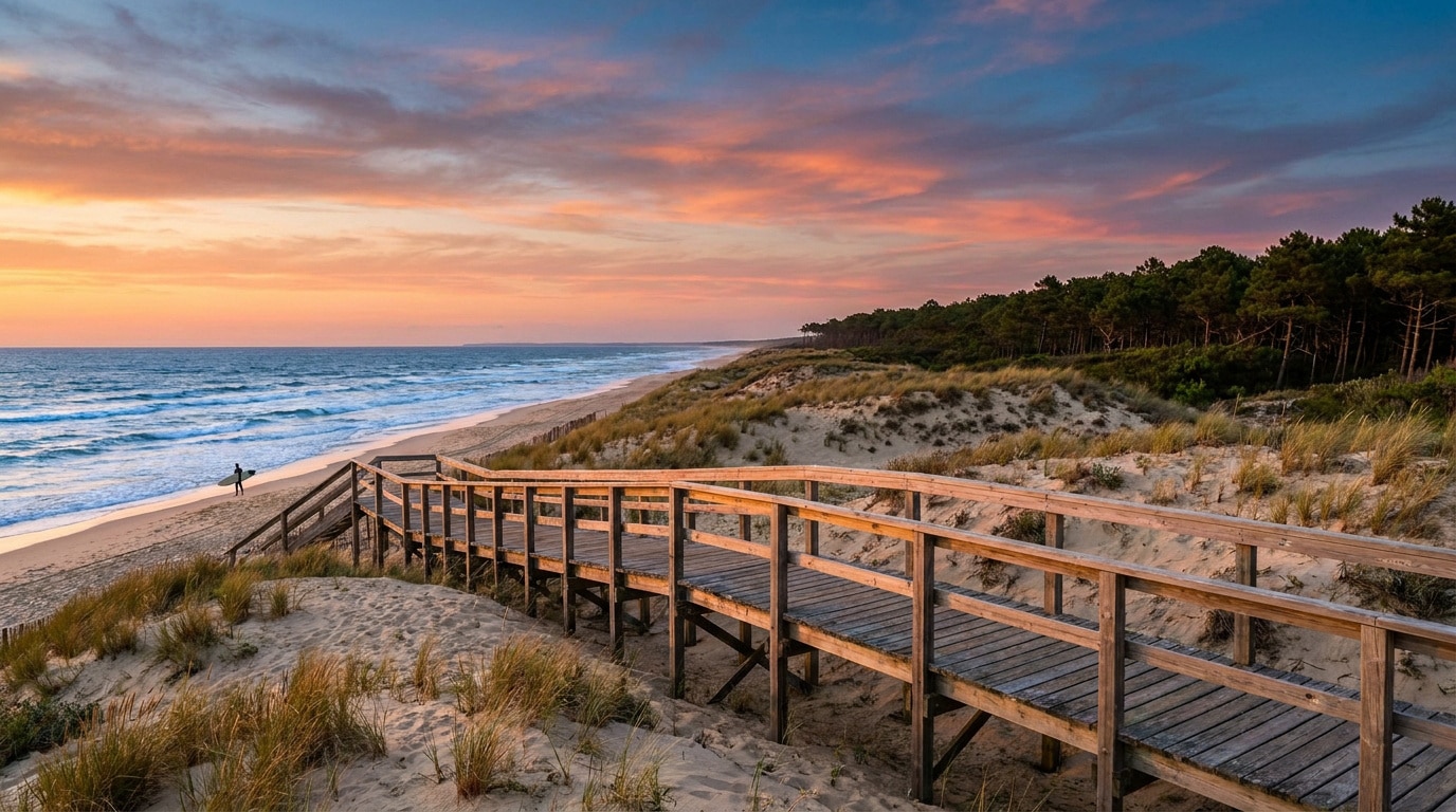 Passerelle en bois menant à la plage du Vivier à Biscarrosse au coucher du soleil avec un surfeur au loin.