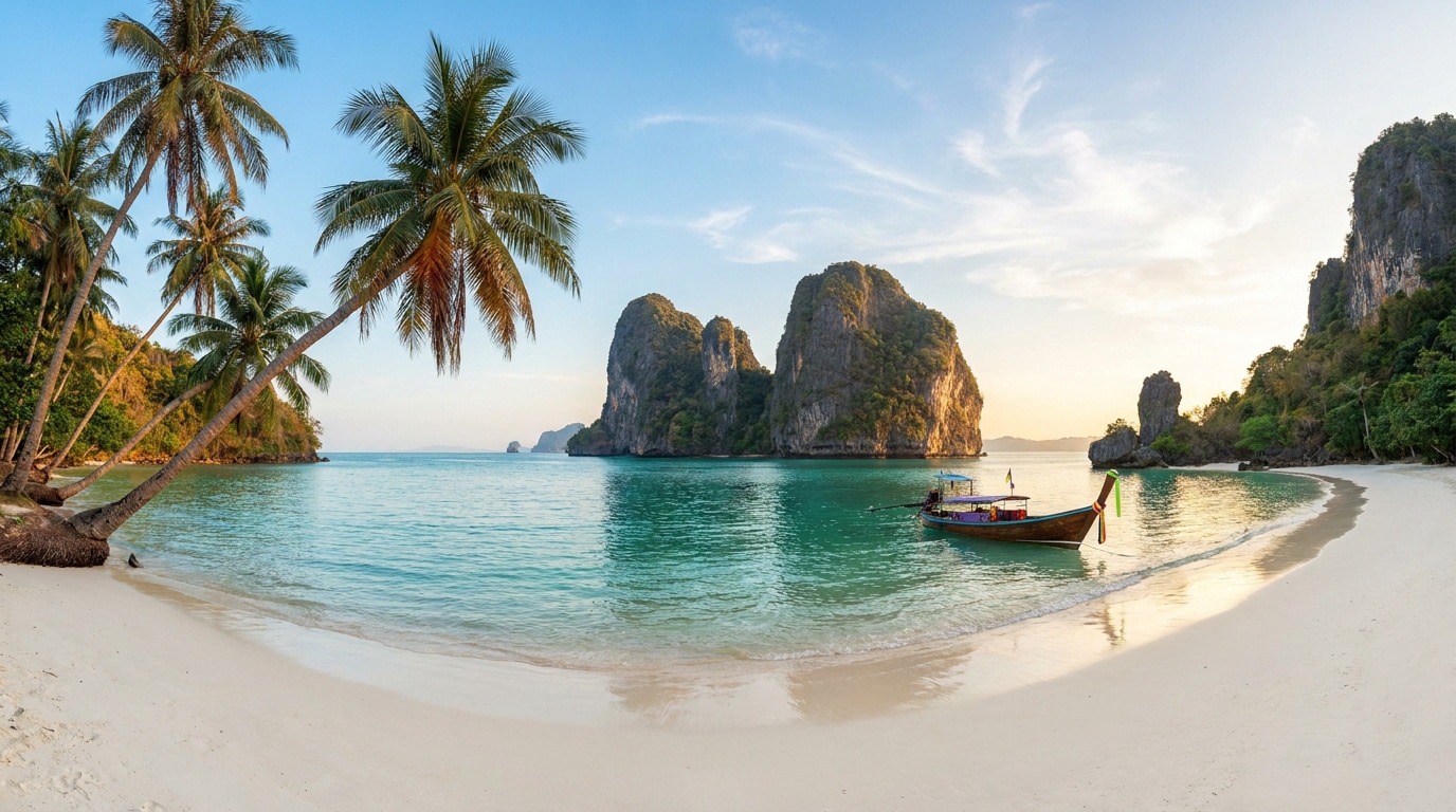 Bateau traditionnel thaïlandais sur une plage de sable blanc bordée de palmiers à Ko Yao Noi avec des falaises en arrière.