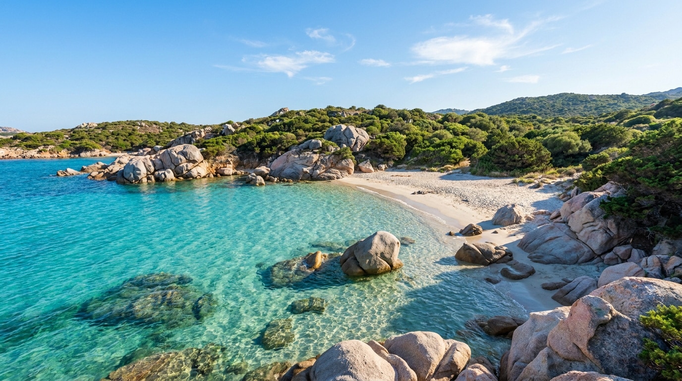 Une crique aux eaux turquoise cristallines bordée de rochers granitiques et de maquis méditerranéen en Sardaigne.
