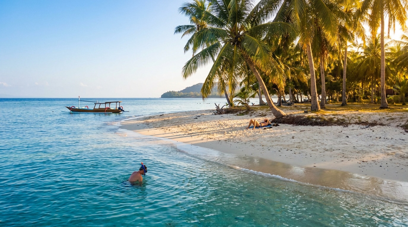 Plage de sable blanc à Gili Trawangan avec une personne faisant du snorkeling et un bateau traditionnel au loin.