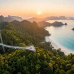 Pont suspendu incurvé au-dessus de la jungle luxuriante de Langkawi avec vue sur la mer au coucher du soleil.