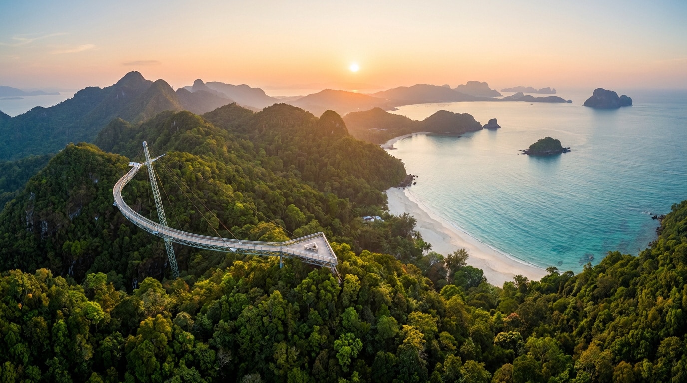 Pont suspendu incurvé au-dessus de la jungle luxuriante de Langkawi avec vue sur la mer au coucher du soleil.