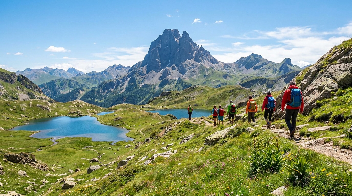 Un groupe de randonneurs marche sur un sentier de montagne avec le Pic du Midi d'Ossau en arrière-plan et des lacs bleus.