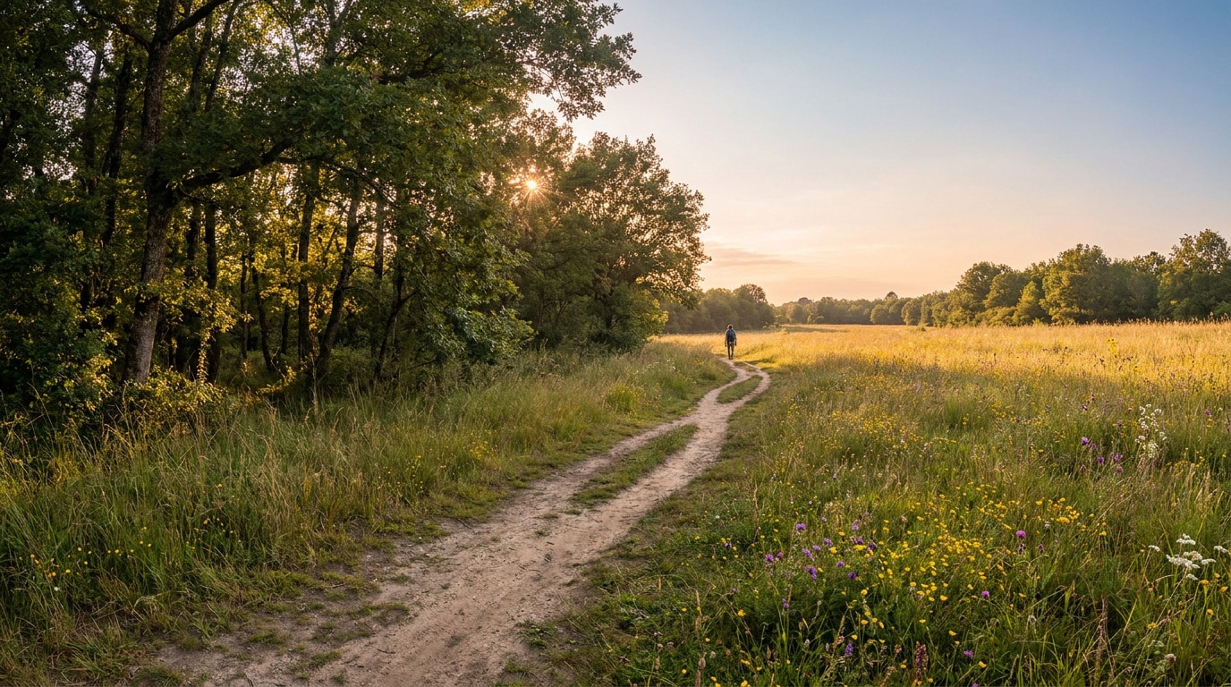 Un sentier de terre traverse une prairie fleurie à la réserve des Barails sous une lumière dorée de fin de journée.