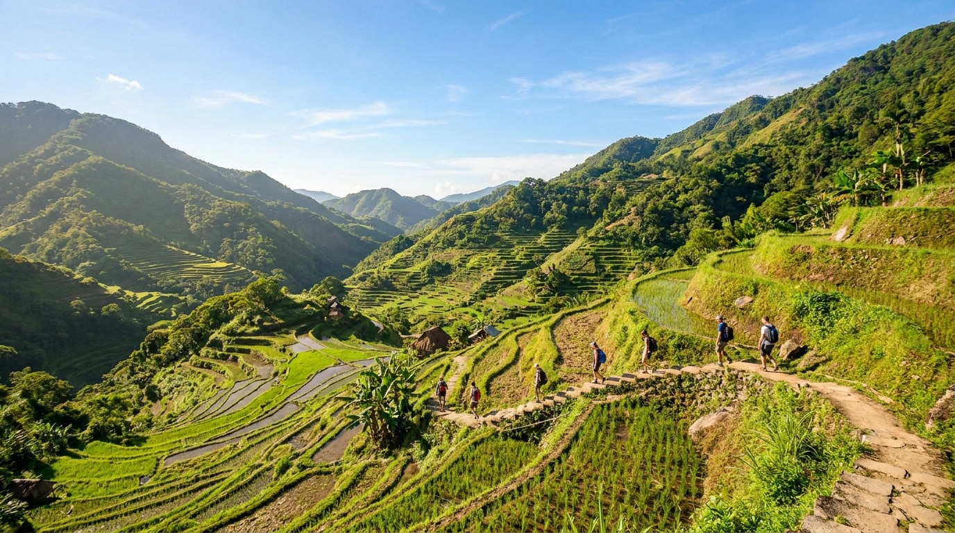 Un groupe de randonneurs marche sur un sentier en pierre à travers les rizières en terrasses verdoyantes de Banaue.