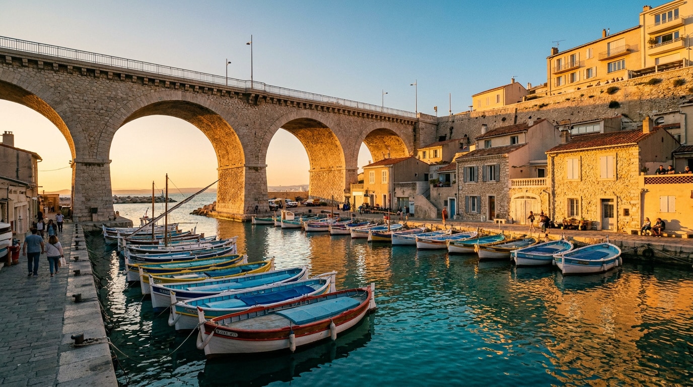 Bateaux traditionnels dans le petit port pittoresque du Vallon des Auffes à Marseille sous un grand pont en pierre.