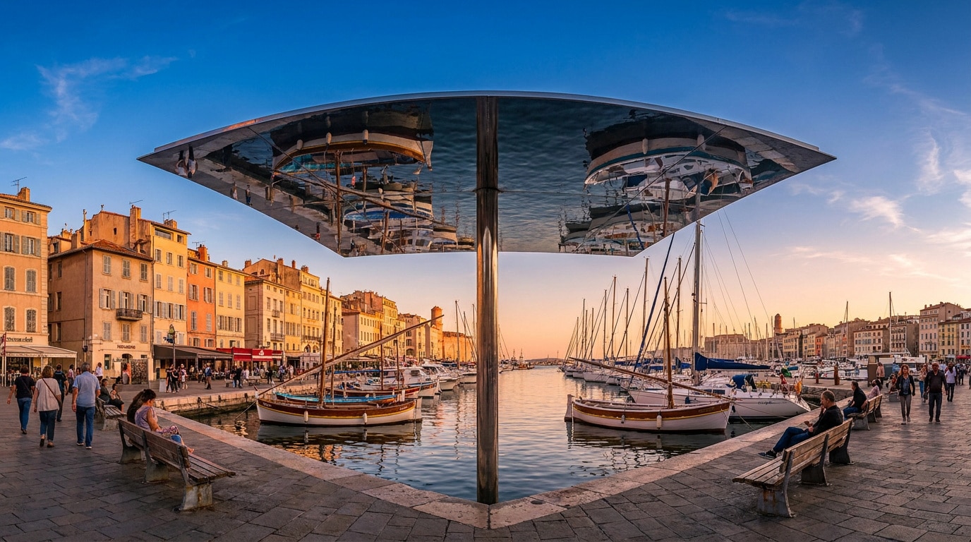Panorama du Vieux-Port de Marseille avec son abri miroir reflétant les bateaux et les quais au crépuscule.