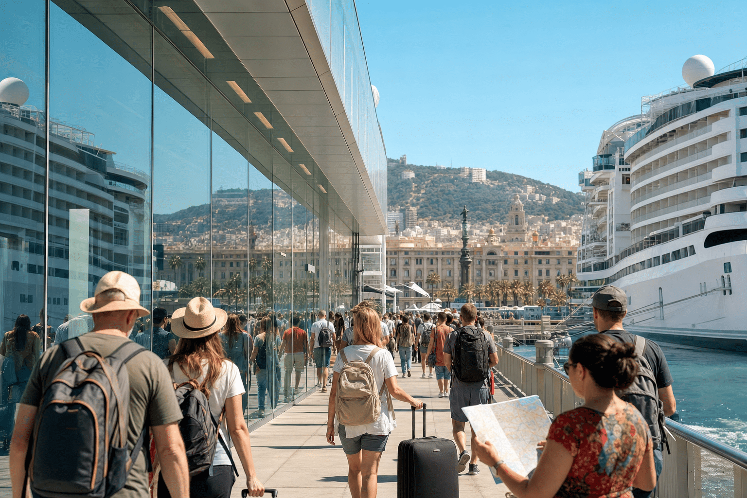 Promenade animée près du port ensoleillé.