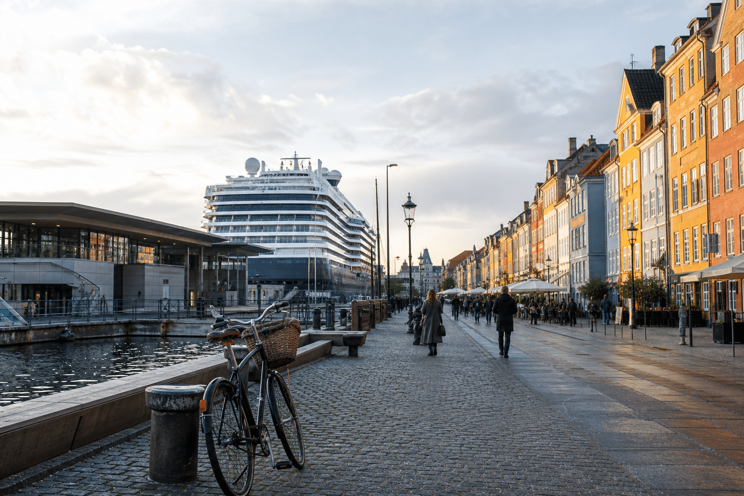 Vue du port avec bâtiments colorés et vélo.