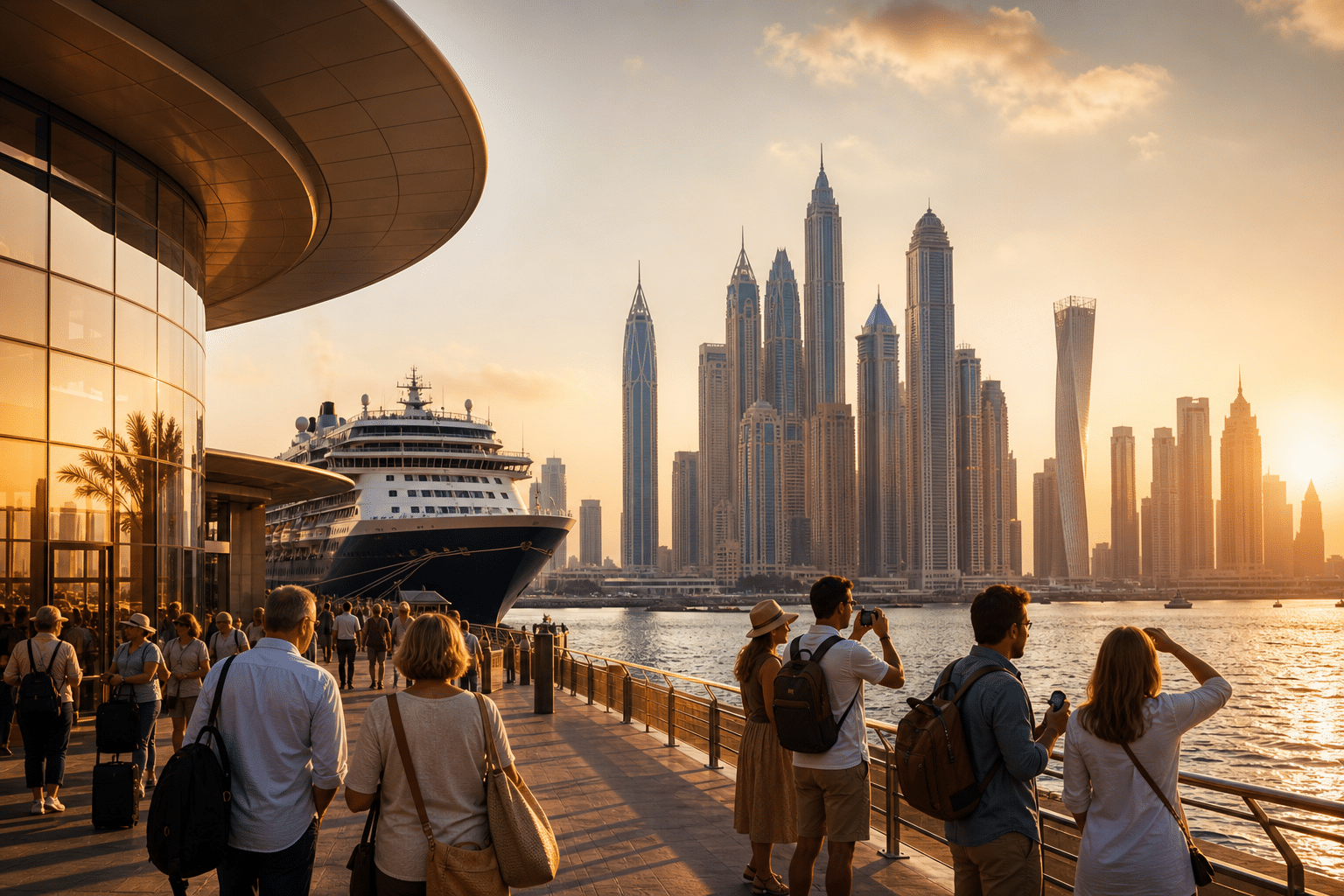 Vue du port de Dubaï au coucher du soleil.